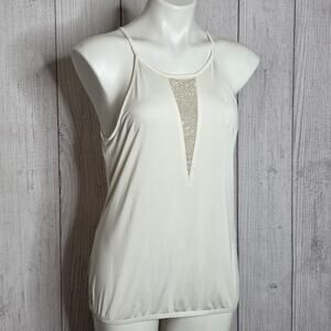 Express Rhinestone Plunge Tank Top Y2K Going Out Clubwear Cream Ivory, Sz Medium